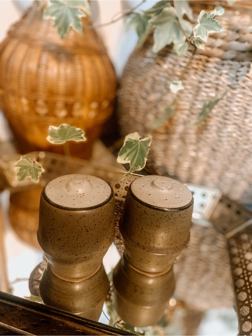 Olive Green speckled ceramic salt and pepper shakers!